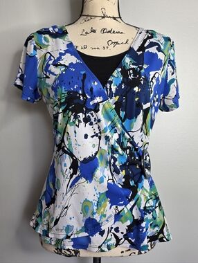 Notations Blue Abstract Faux Wrap Top with Buckle Detail - Size Small